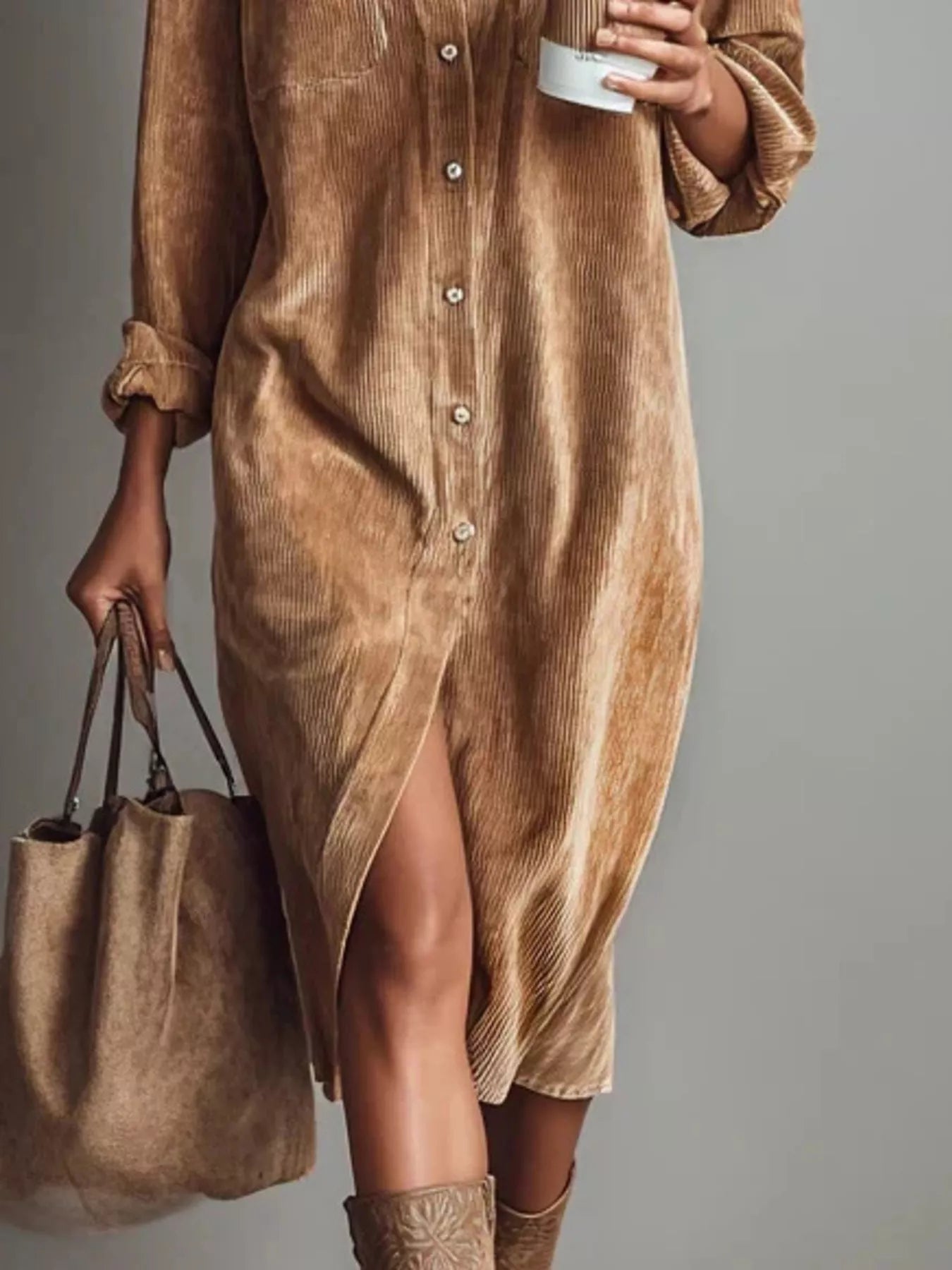 Corduroy Button - Down Midi Dress - MAD RUFFI