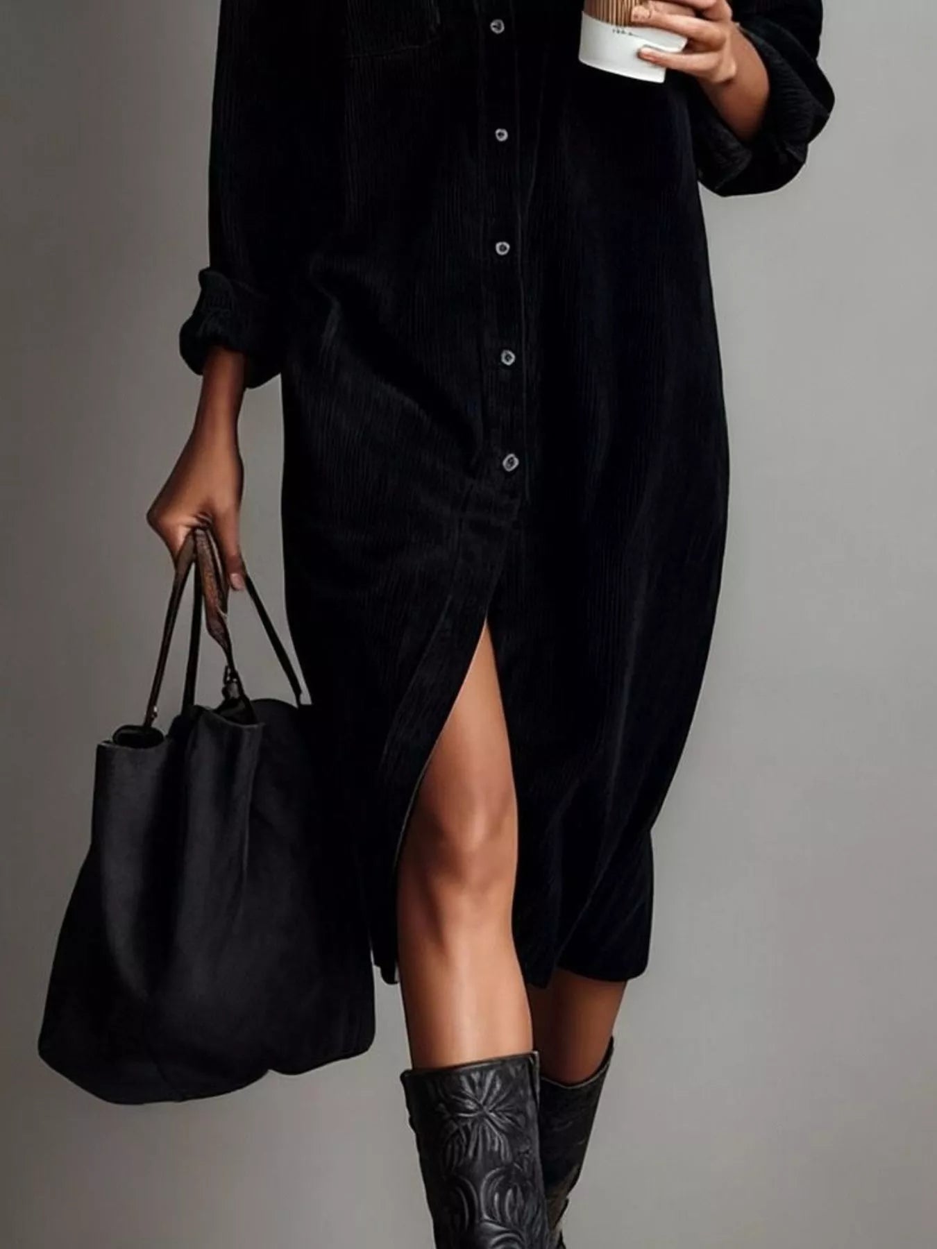 Corduroy Button - Down Midi Dress - MAD RUFFI