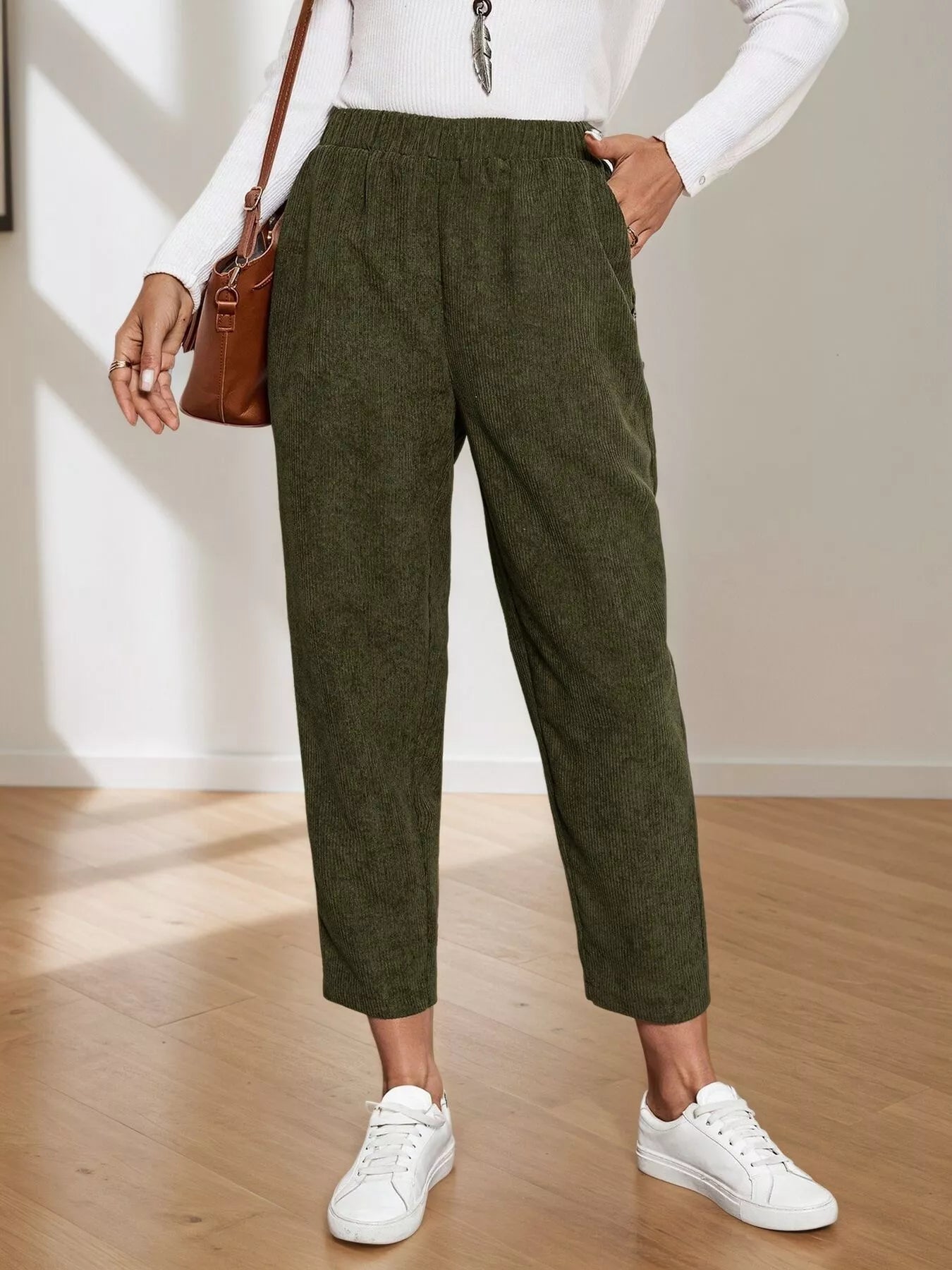 Corduroy Elastic Waist Cropped Pants - MAD RUFFI
