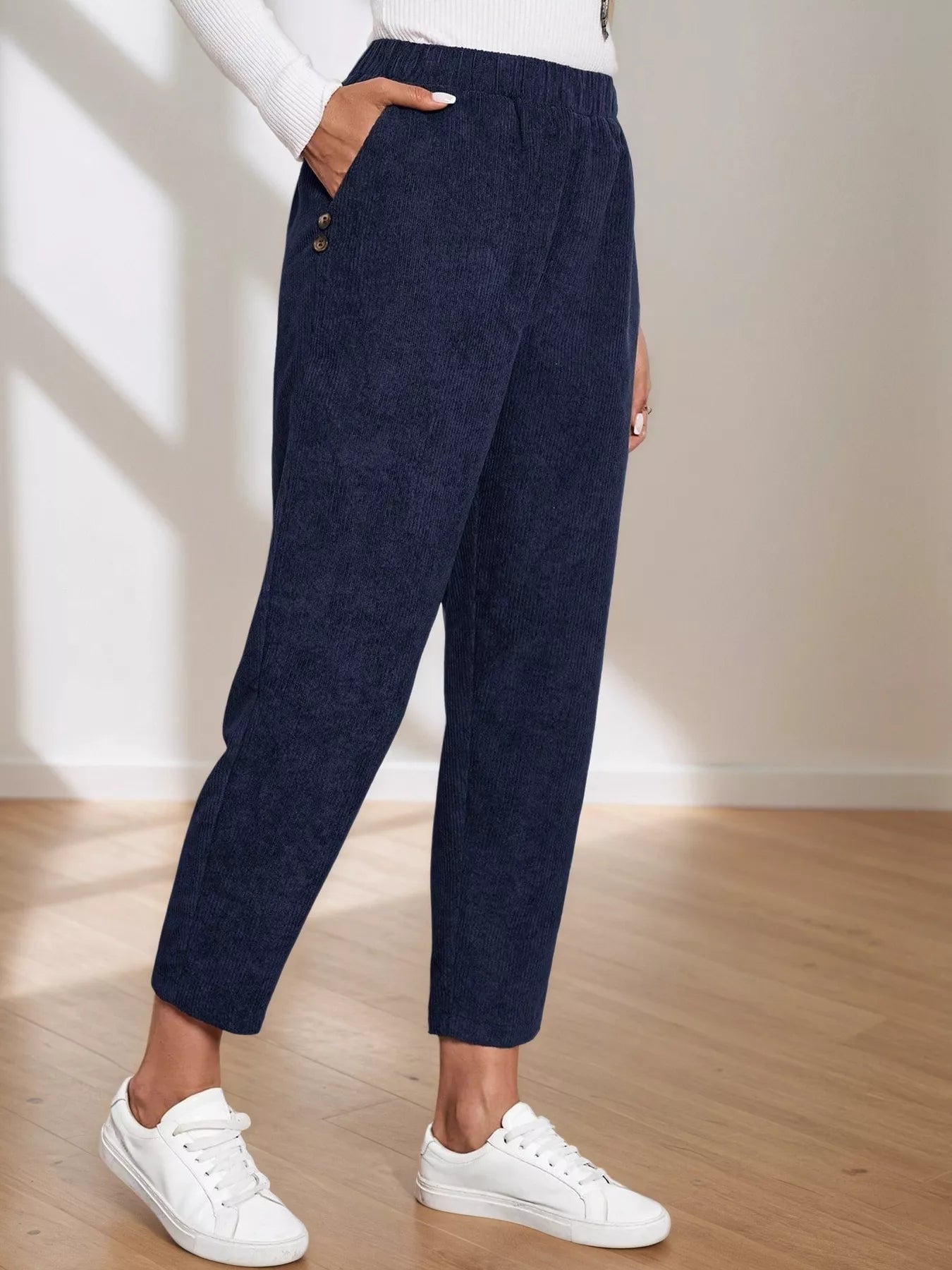 Corduroy Elastic Waist Cropped Pants - MAD RUFFI