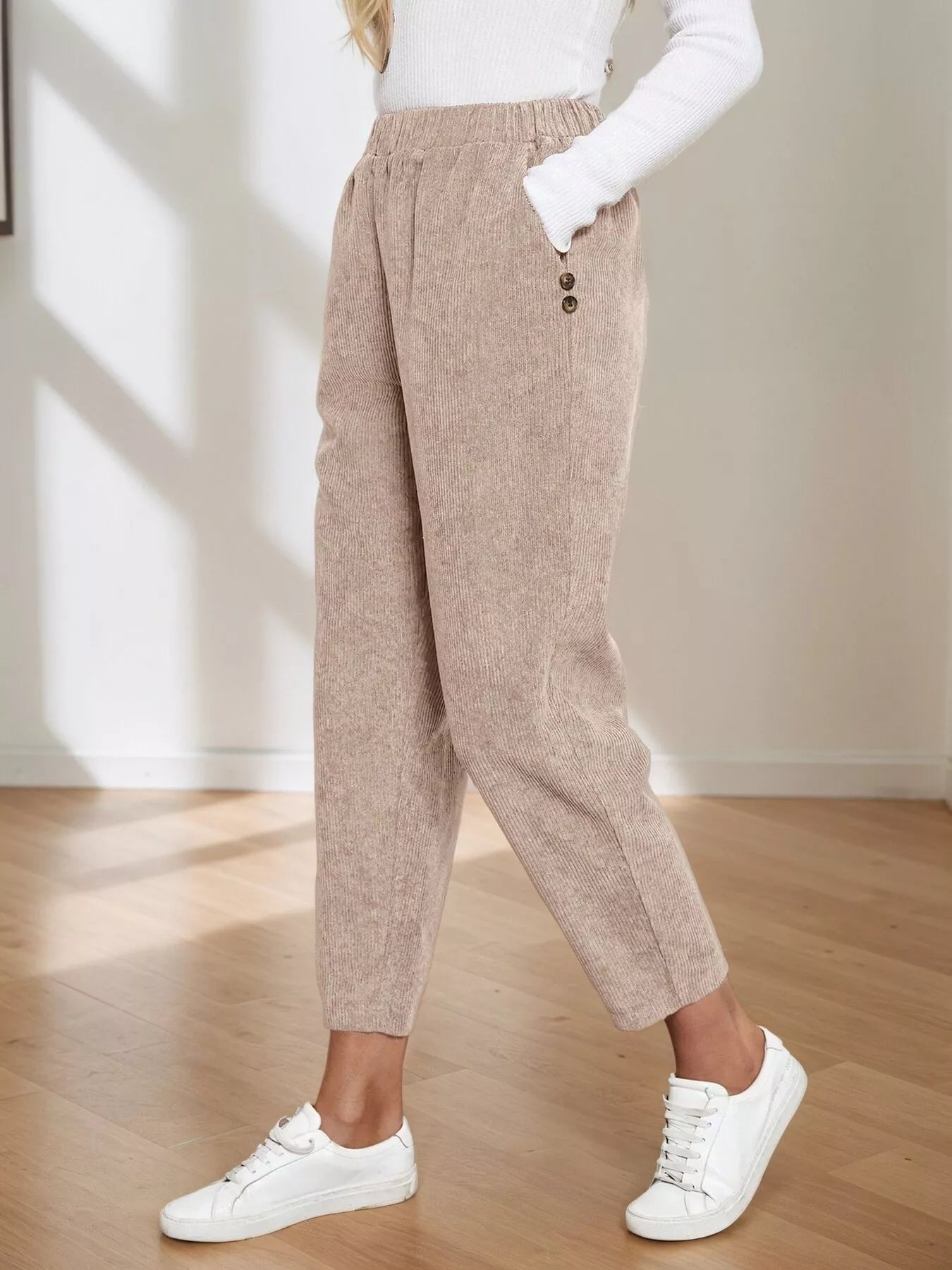 Corduroy Elastic Waist Cropped Pants - MAD RUFFI