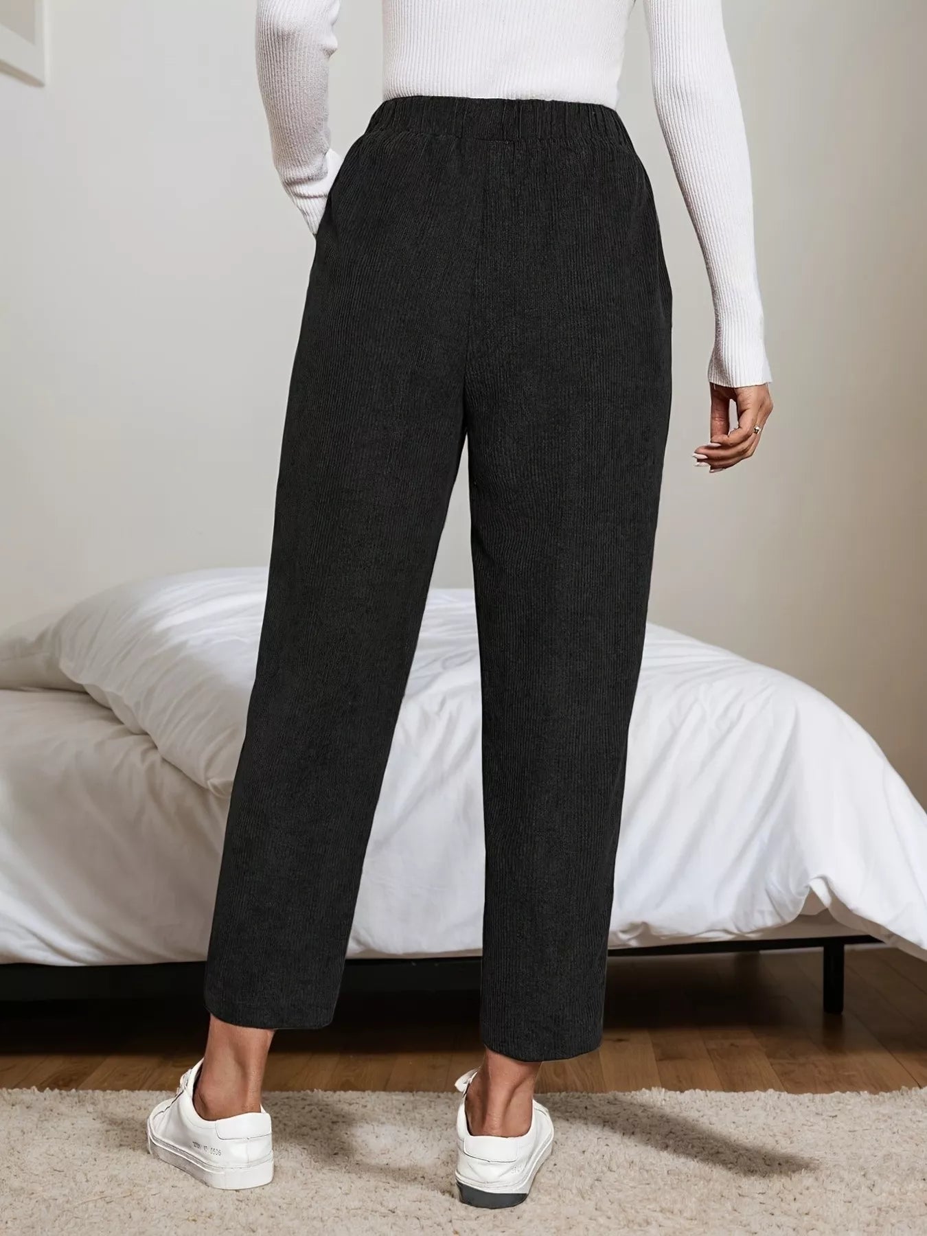 Corduroy Elastic Waist Cropped Pants - MAD RUFFI