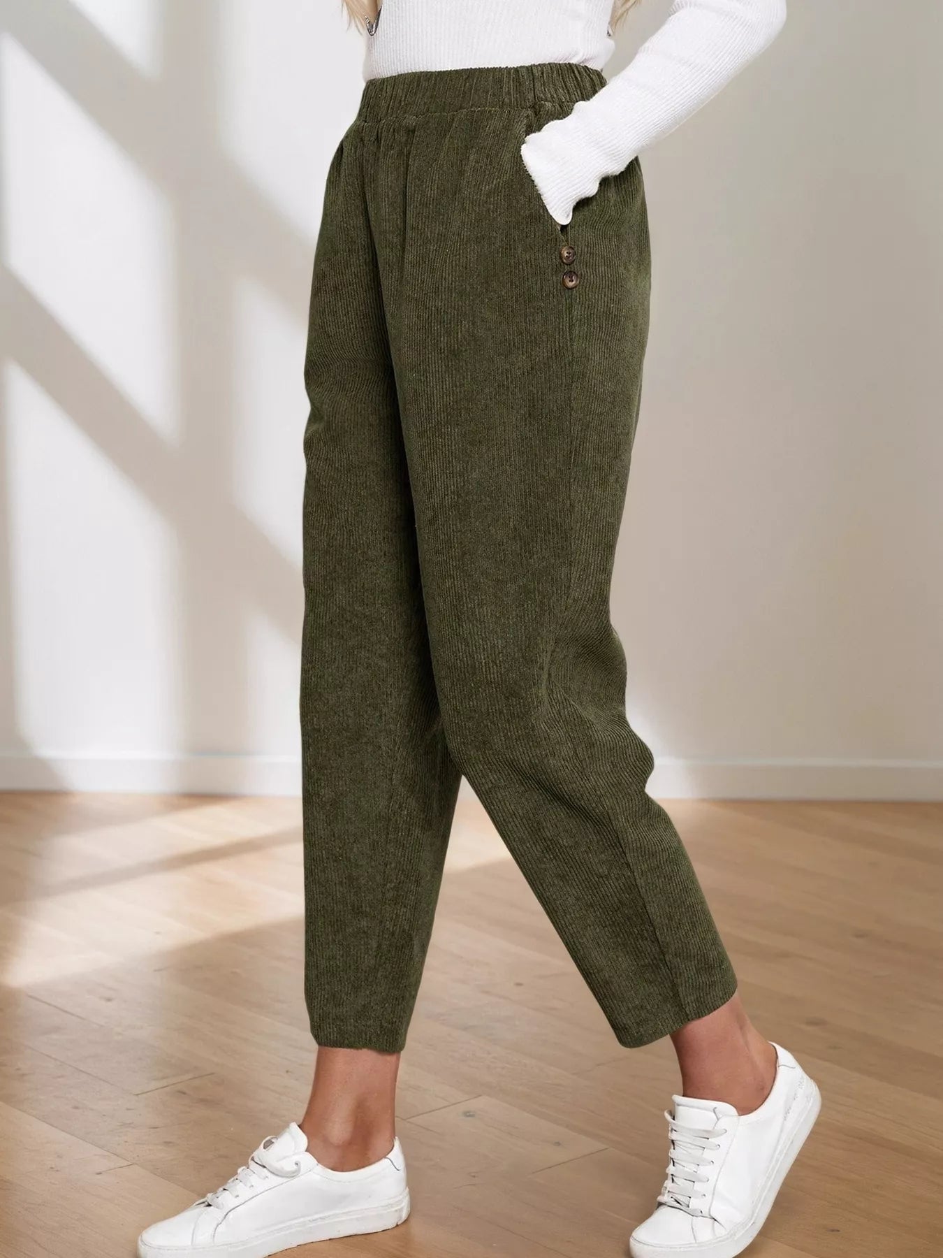 Corduroy Elastic Waist Cropped Pants - MAD RUFFI