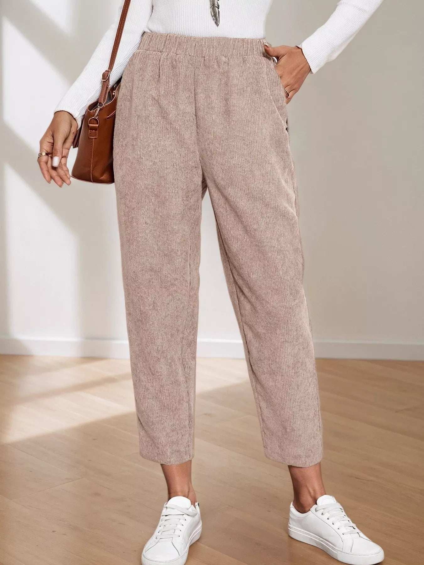 Corduroy Elastic Waist Cropped Pants - MAD RUFFI