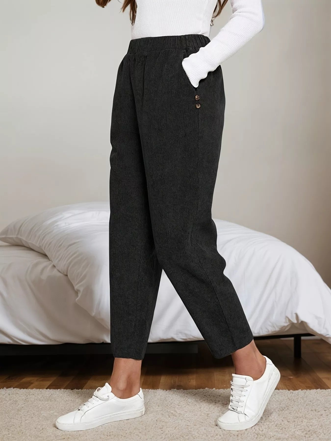 Corduroy Elastic Waist Cropped Pants - MAD RUFFI