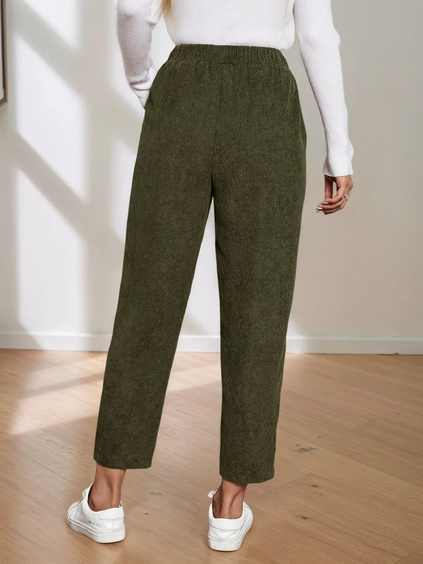 Corduroy Elastic Waist Cropped Pants - MAD RUFFI