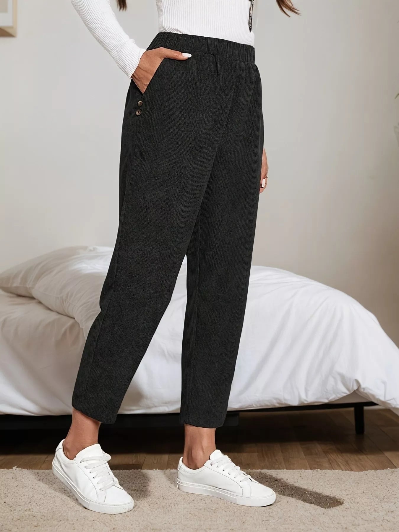 Corduroy Elastic Waist Cropped Pants - MAD RUFFI