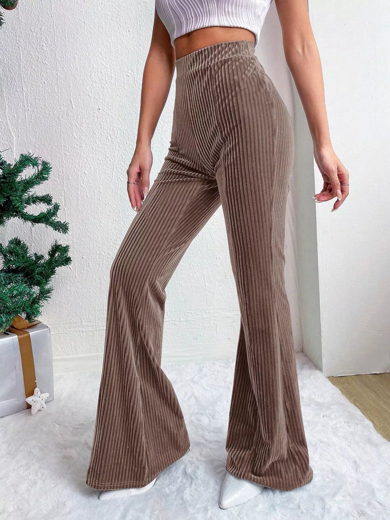 Corduroy High Waist Flare Pants - MAD RUFFI