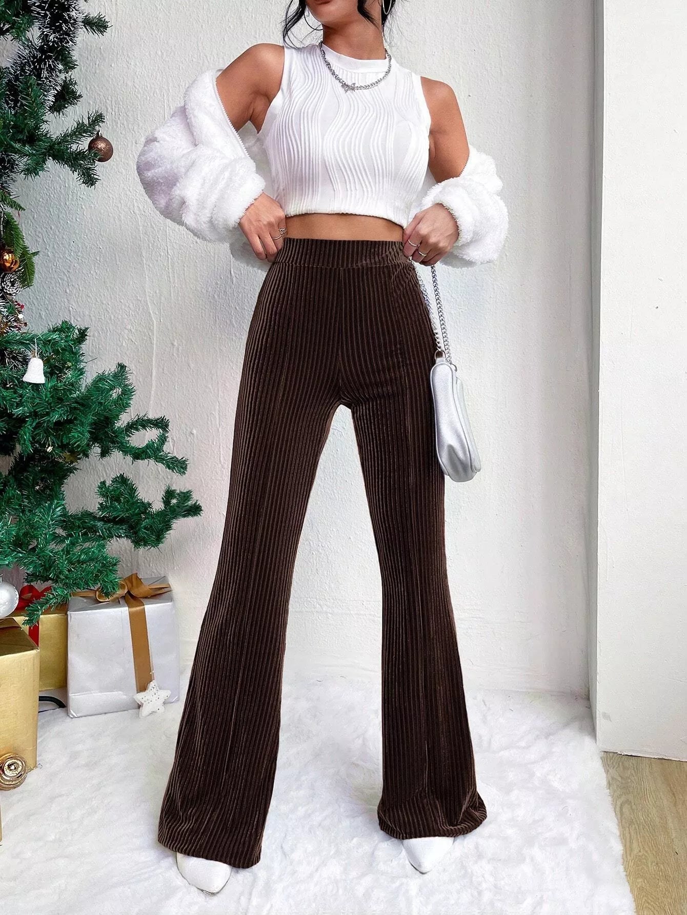 Corduroy High Waist Flare Pants - MAD RUFFI