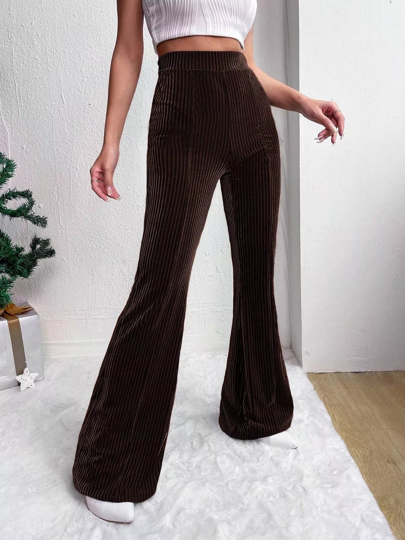 Corduroy High Waist Flare Pants - MAD RUFFI