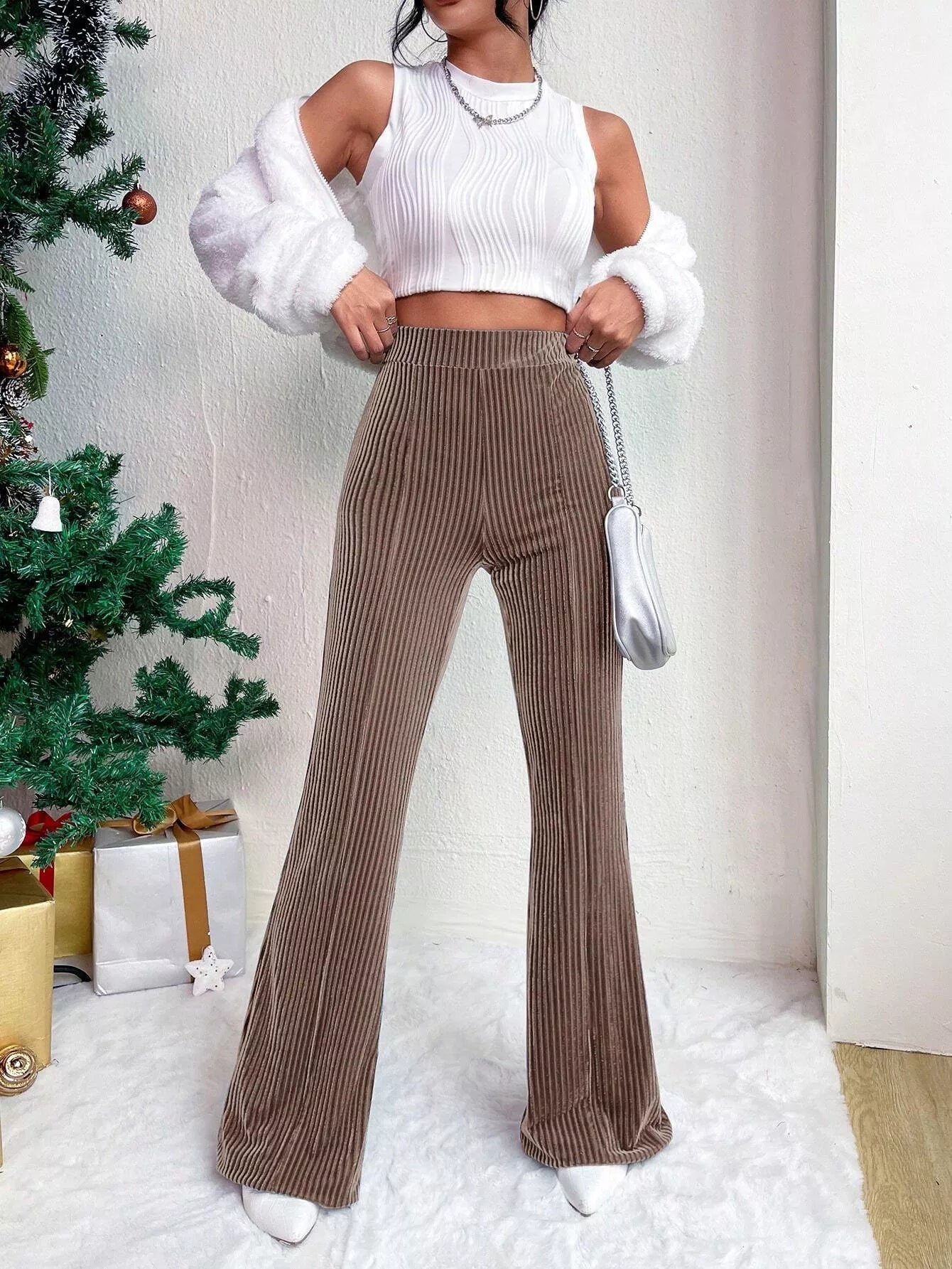 Corduroy High Waist Flare Pants - MAD RUFFI