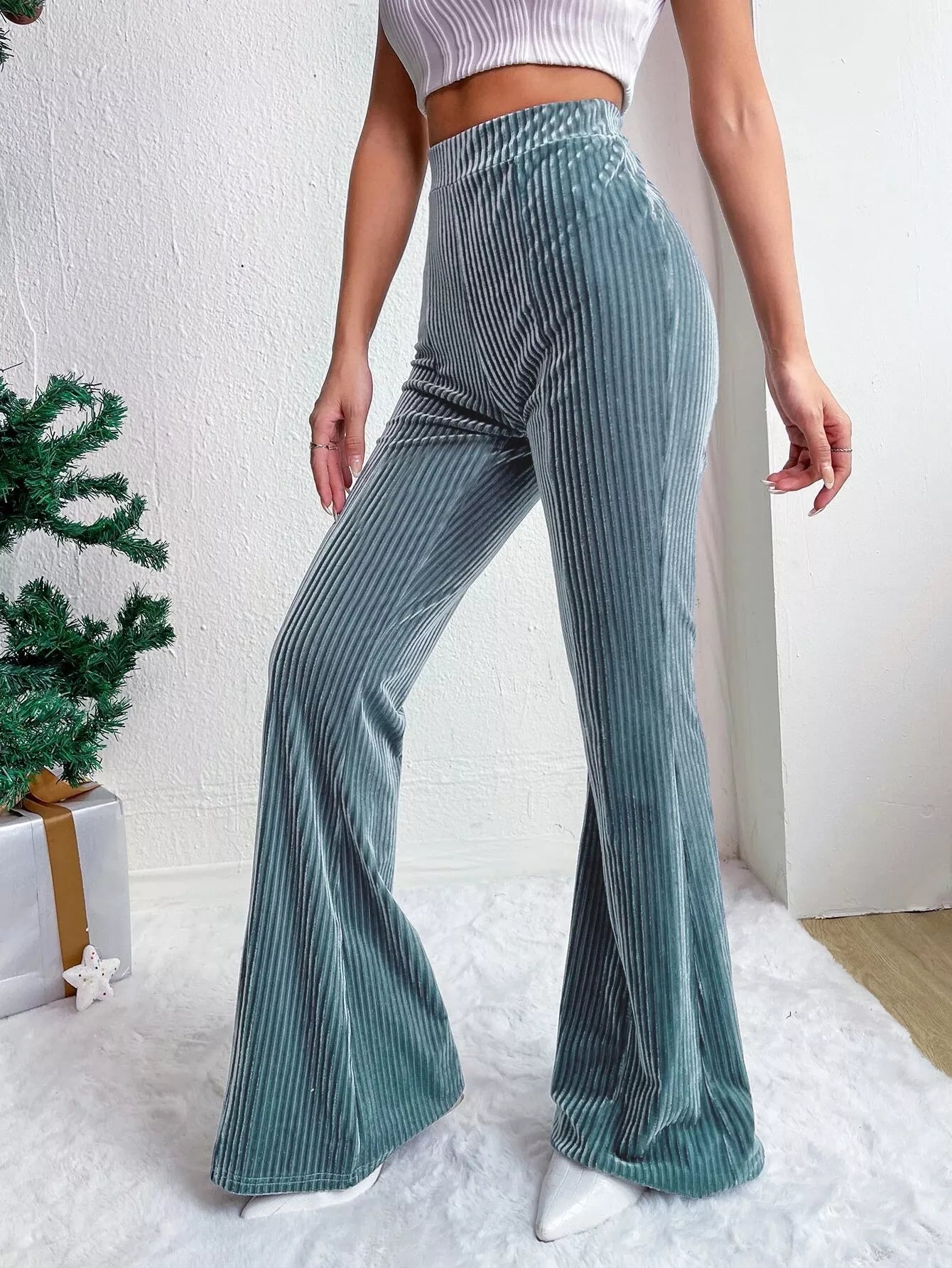 Corduroy High Waist Flare Pants - MAD RUFFI