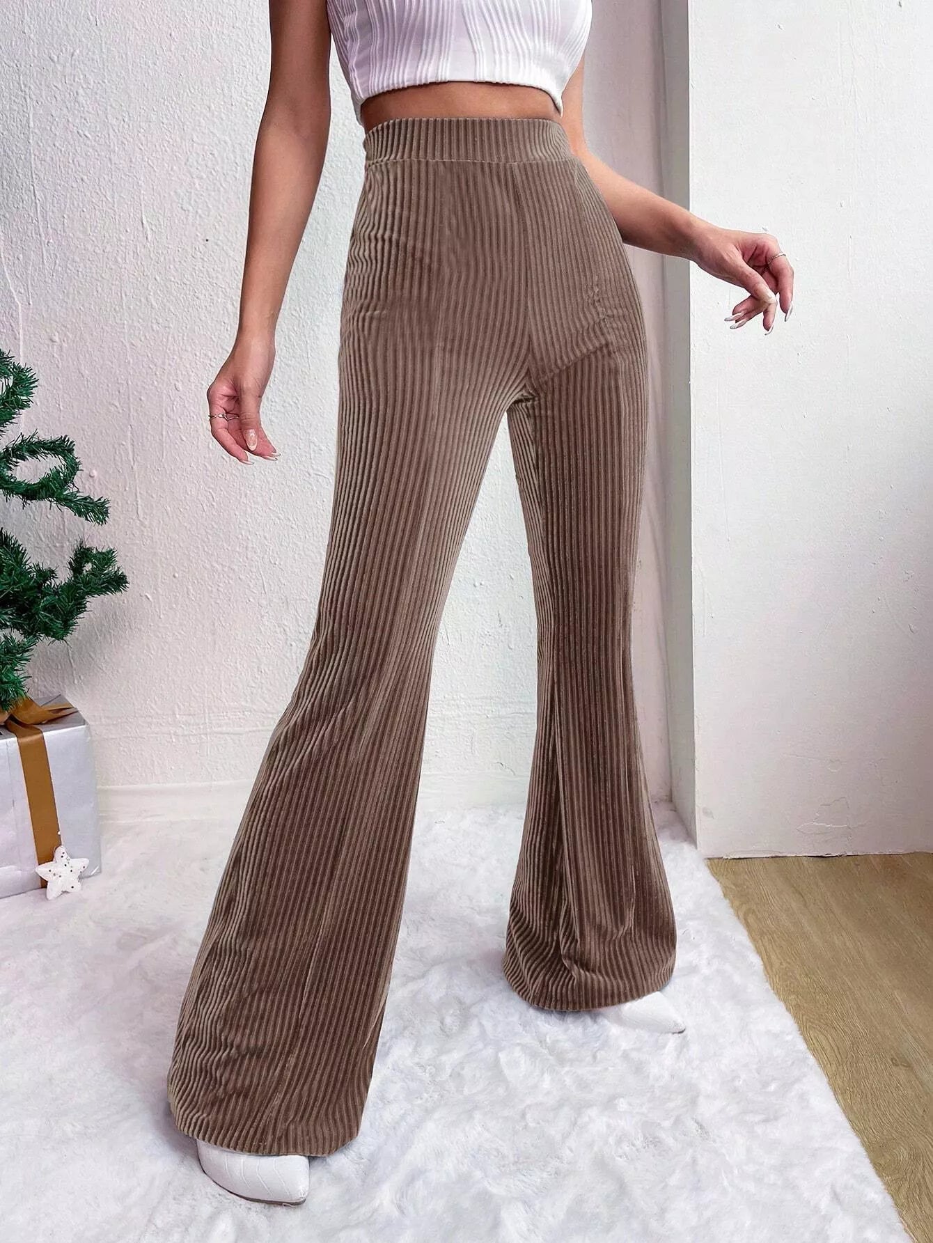 Corduroy High Waist Flare Pants - MAD RUFFI