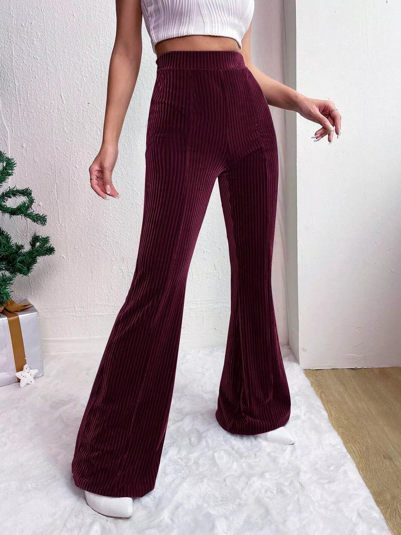 Corduroy High Waist Flare Pants - MAD RUFFI