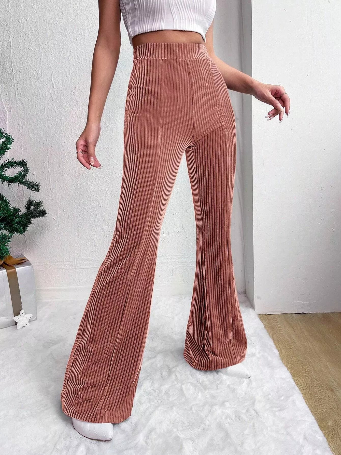 Corduroy High Waist Flare Pants - MAD RUFFI