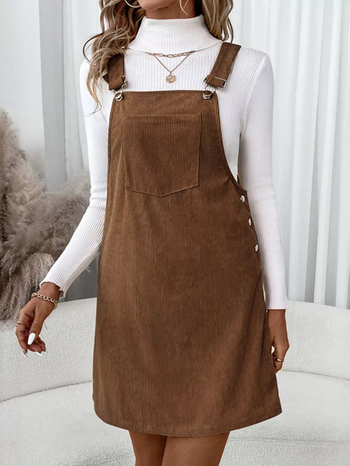 Corduroy Overall Mini Dress with Adjustable Straps - MAD RUFFI