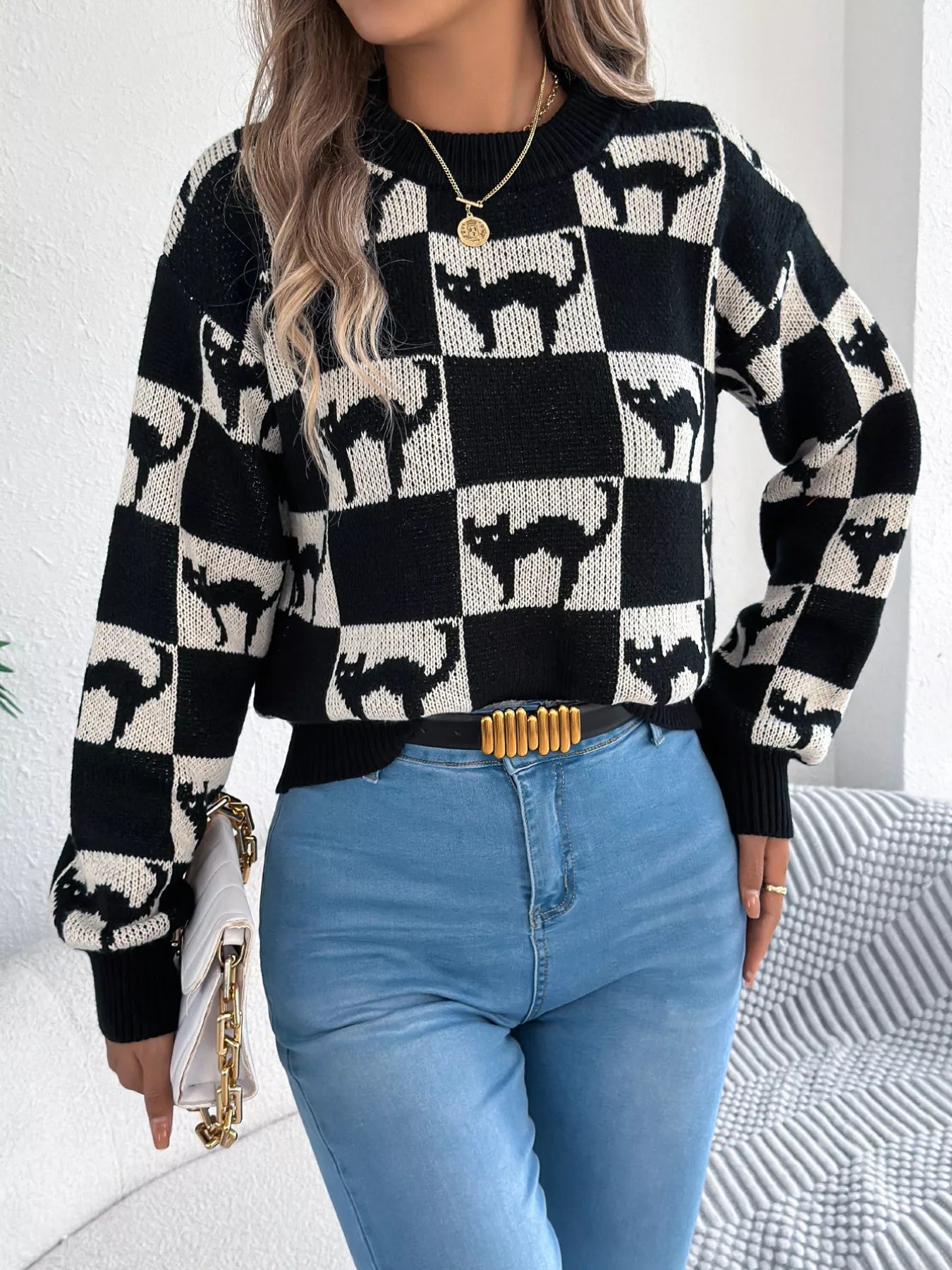 Cozy Cat Checkerboard Pattern Sweater - MAD RUFFI