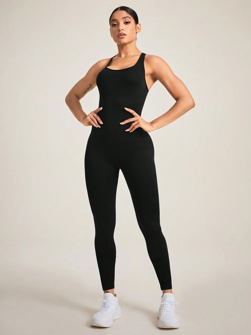 Crisscross Back Sleeveless Active Jumpsuit - MAD RUFFI