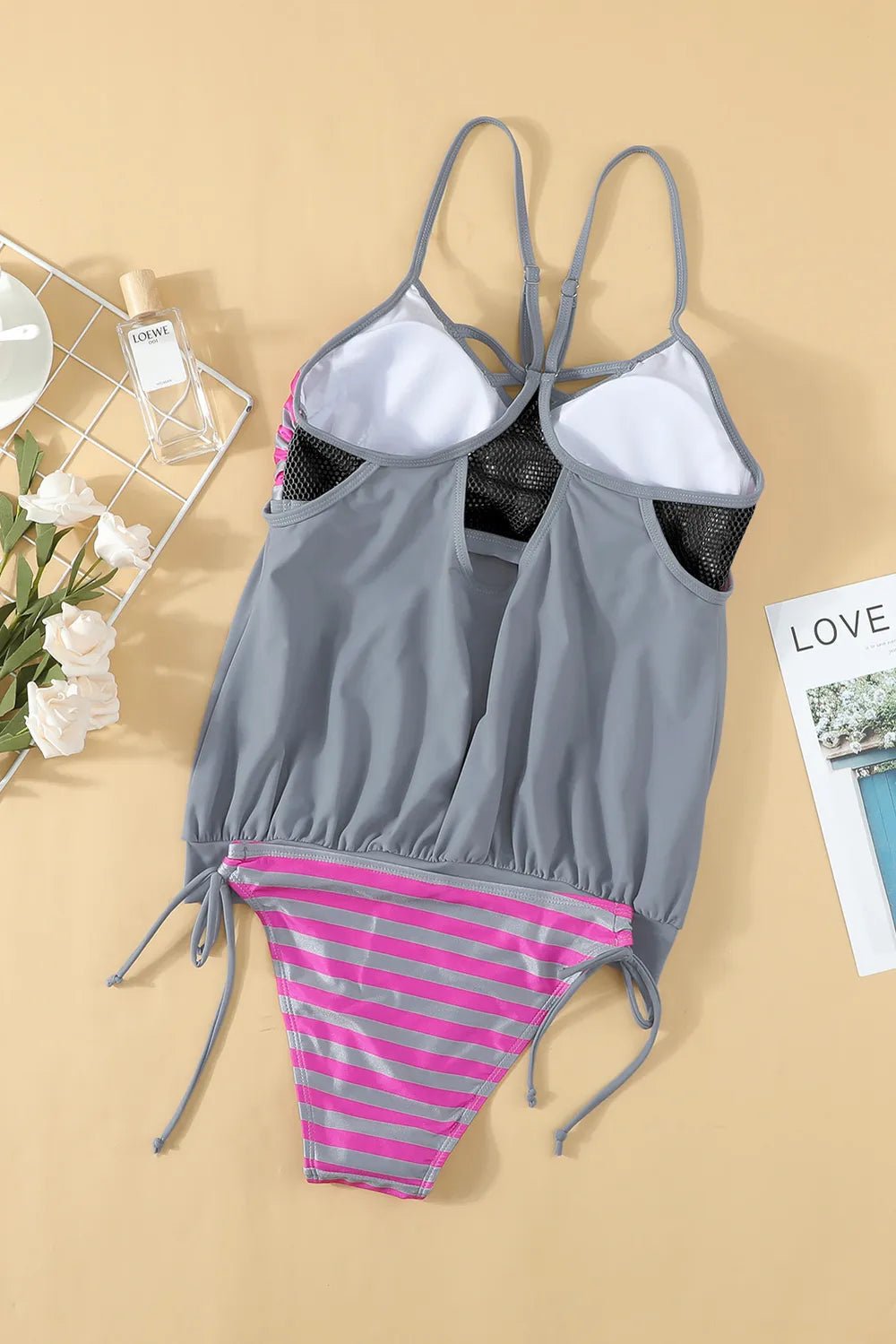 Crisscross Striped Spaghetti Strap Tankini Set - MAD RUFFI