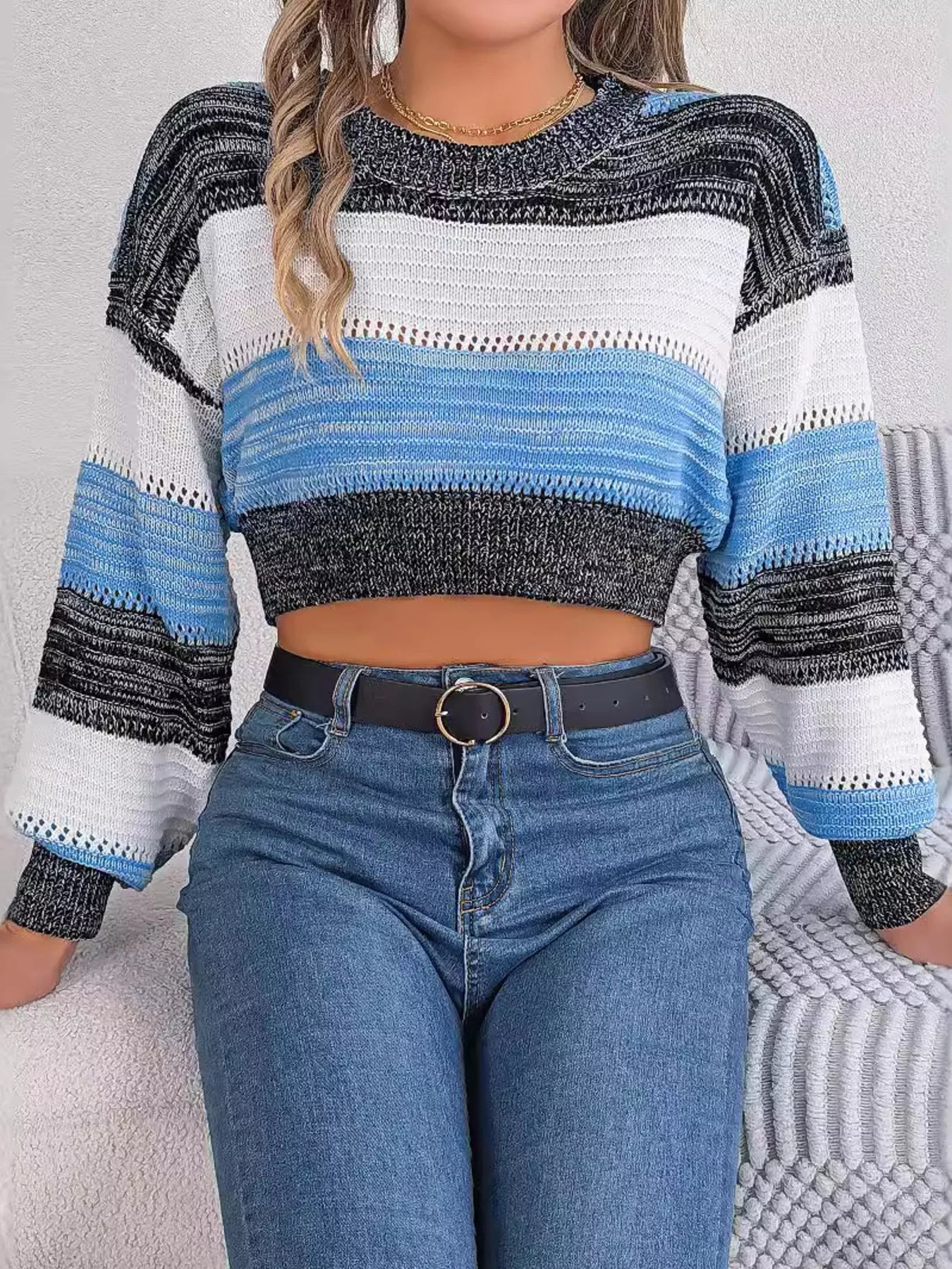 Cropped Striped Color Block Drop Shoulder Sweater - MAD RUFFI