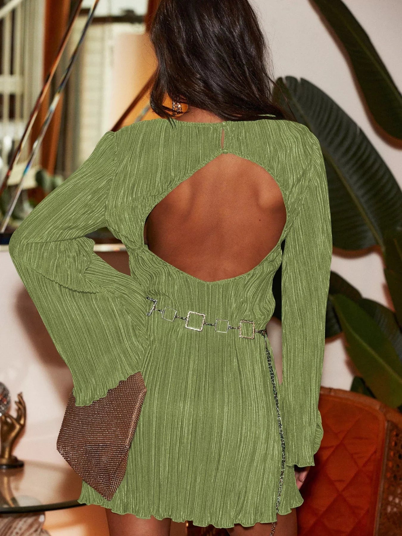 Cutout Back Flare Sleeve Dress - MAD RUFFI