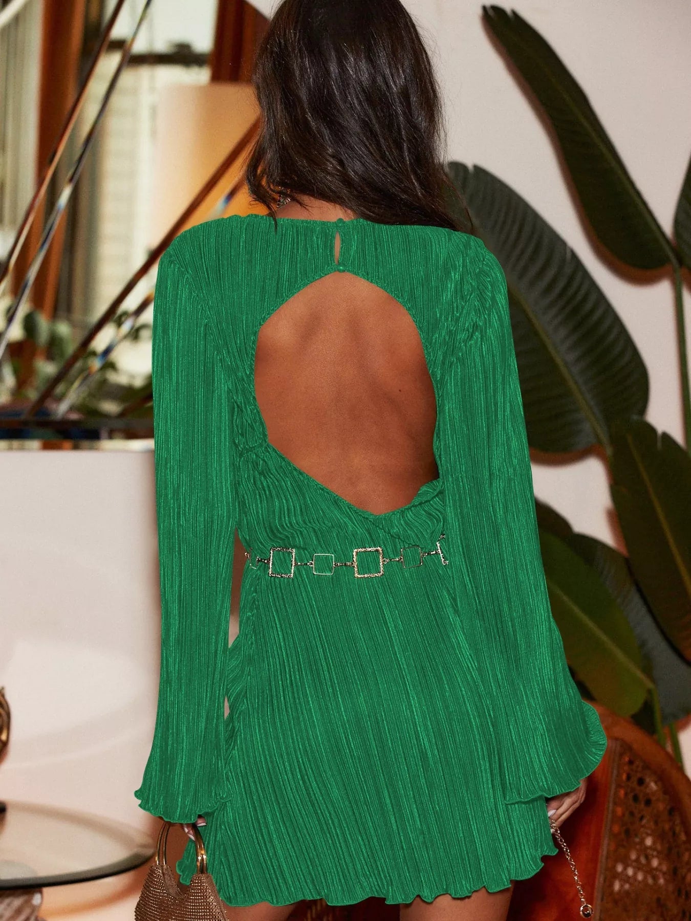 Cutout Back Flare Sleeve Dress - MAD RUFFI