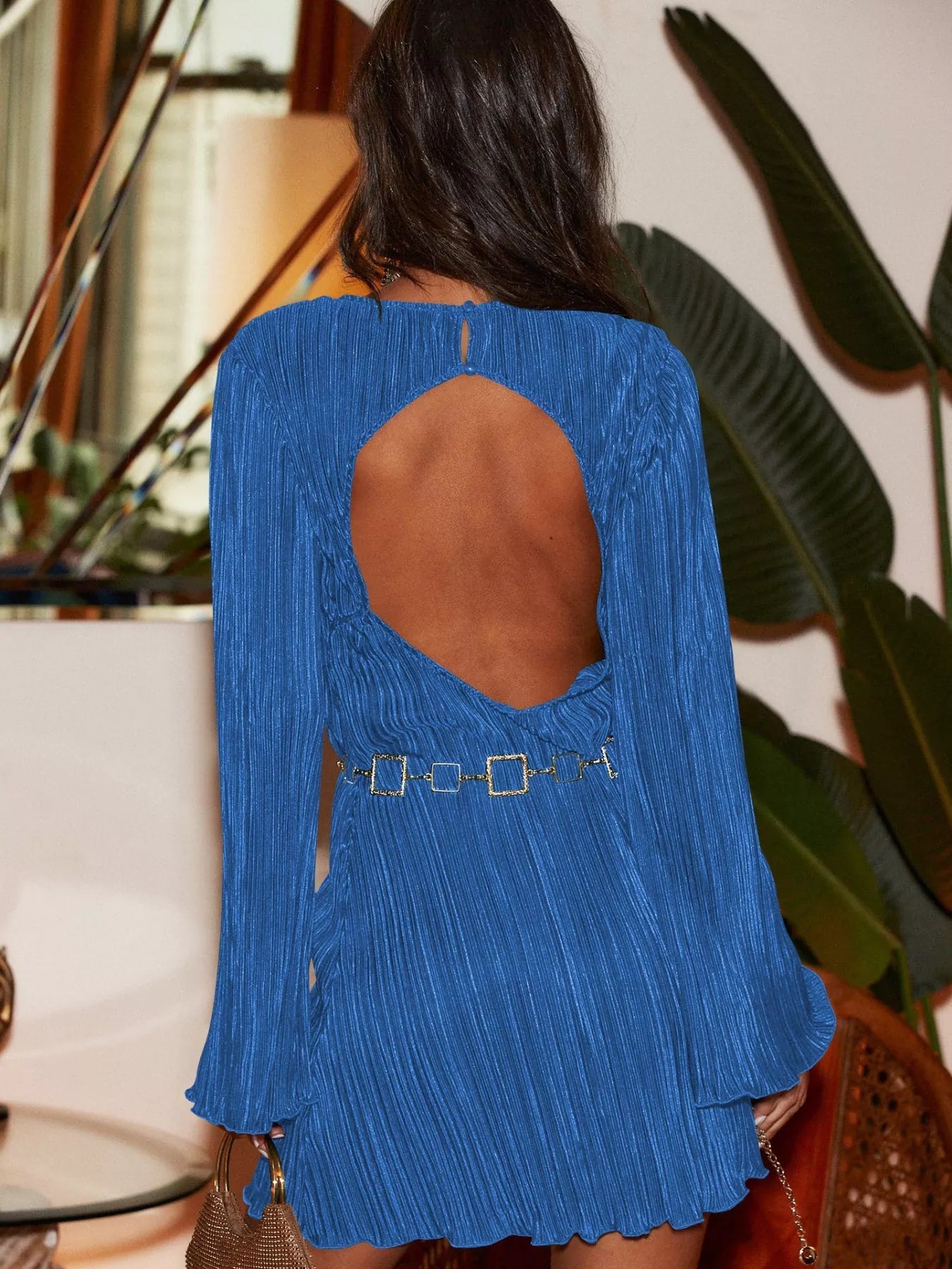 Cutout Back Flare Sleeve Dress - MAD RUFFI