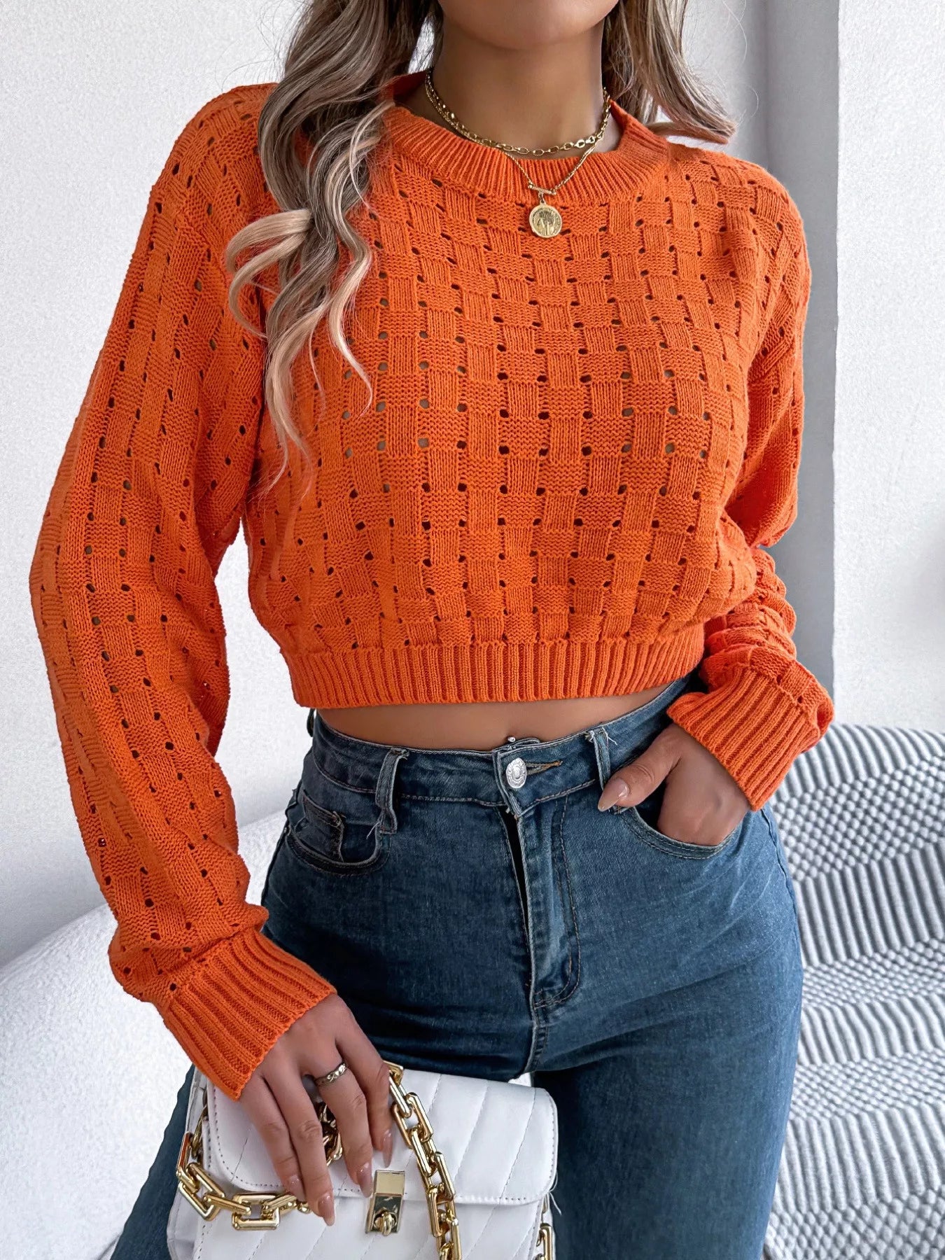 Cutout Back Openwork Round Neck Long Sleeve Sweater - MAD RUFFI