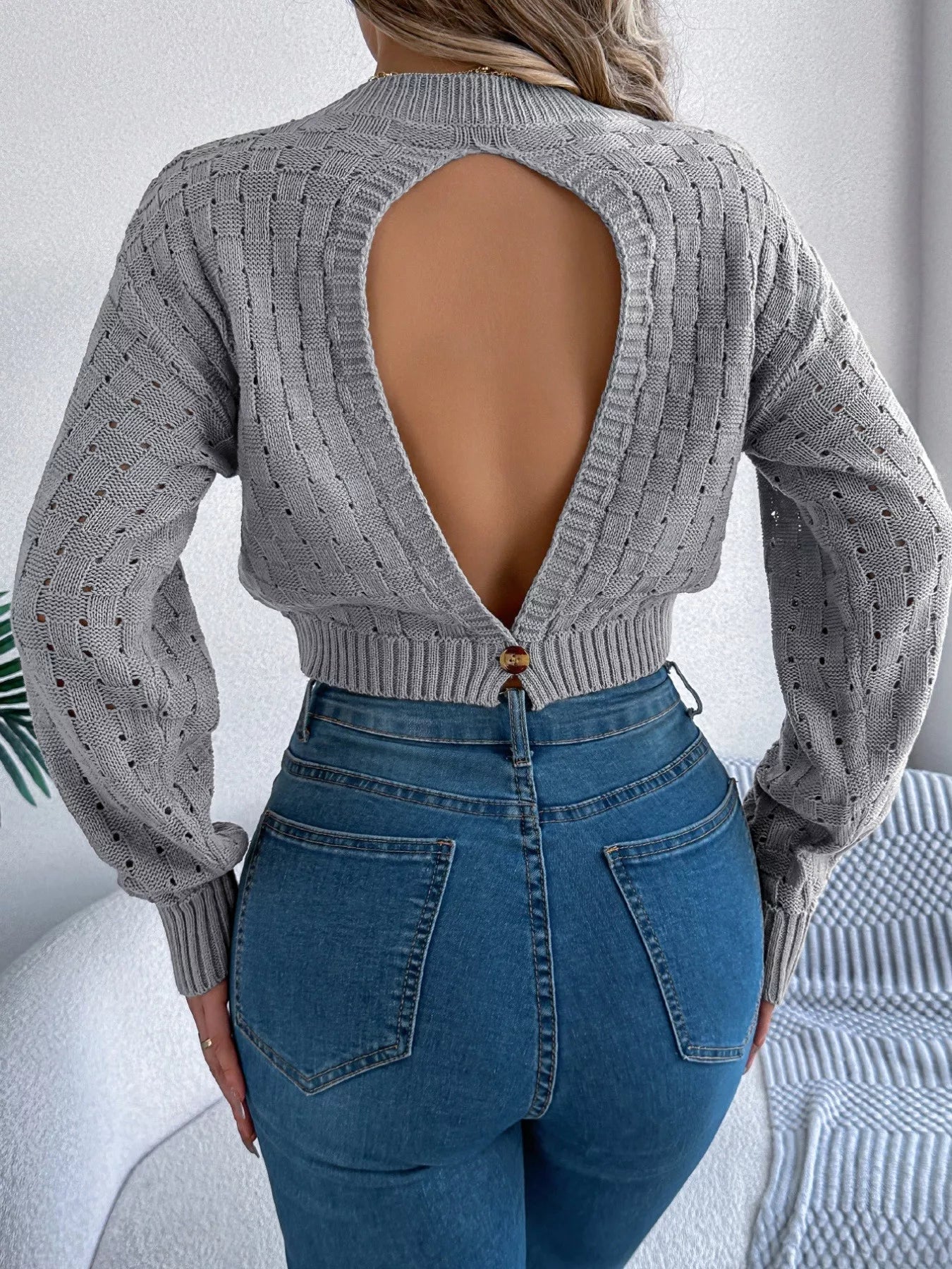 Cutout Back Openwork Round Neck Long Sleeve Sweater - MAD RUFFI