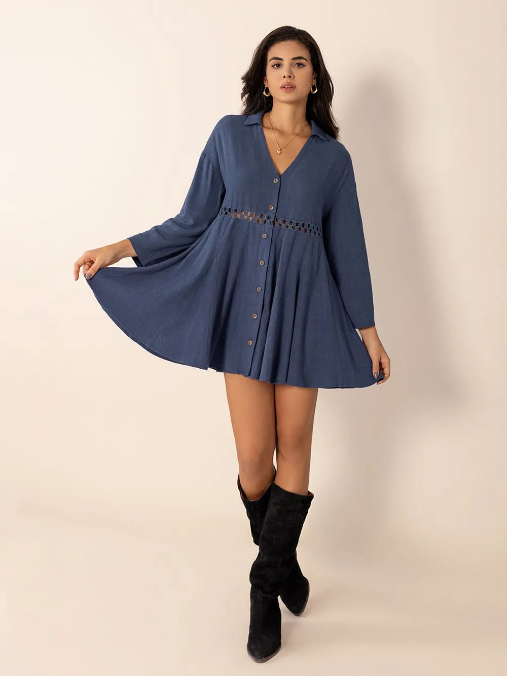 Cutout Johnny Collar Long Sleeve Mini Dress - MAD RUFFI