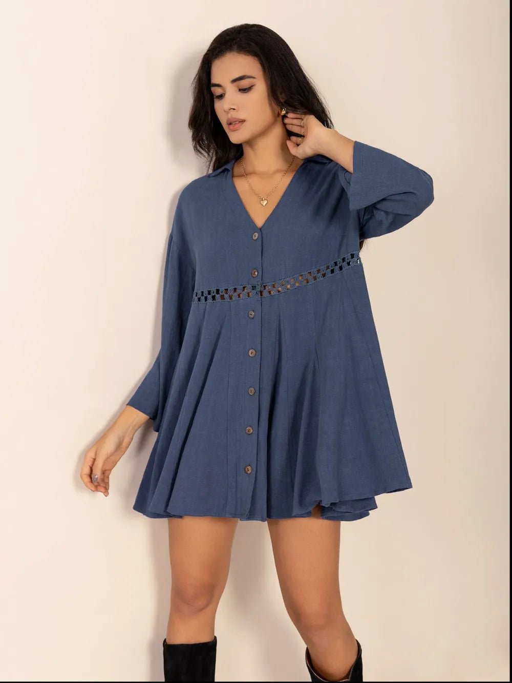 Cutout Johnny Collar Long Sleeve Mini Dress - MAD RUFFI