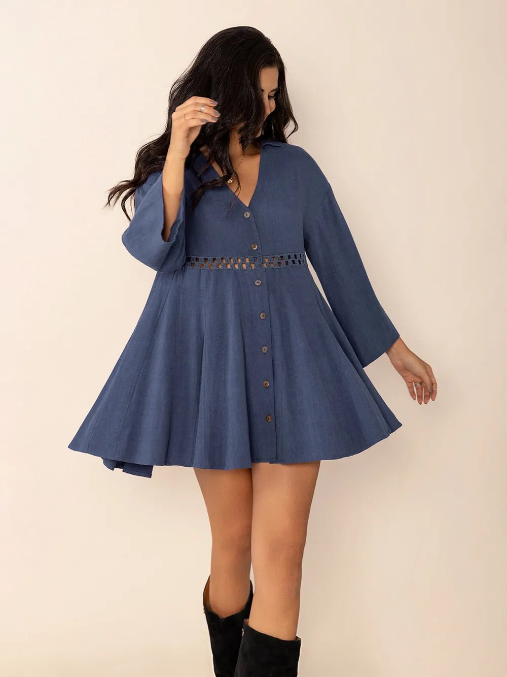 Cutout Johnny Collar Long Sleeve Mini Dress - MAD RUFFI