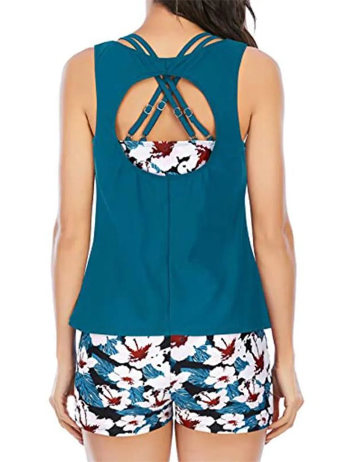 Cutout Printed Round Neck Three - Piece Swim Set - MAD RUFFI
