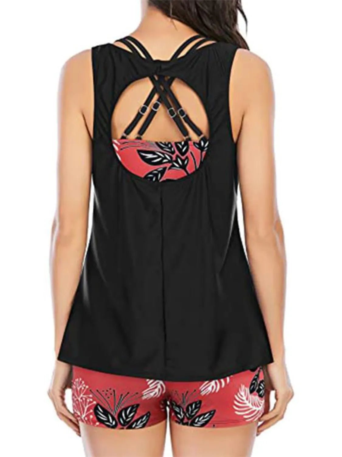 Cutout Printed Round Neck Three - Piece Swim Set - MAD RUFFI