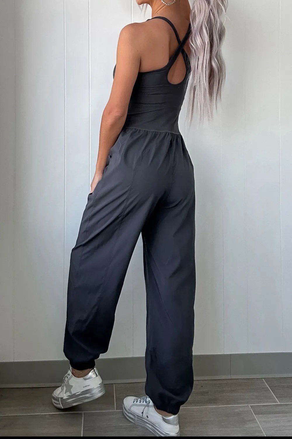 Cutout Square Neck Wide Strap Active Jumpsuit - MAD RUFFI