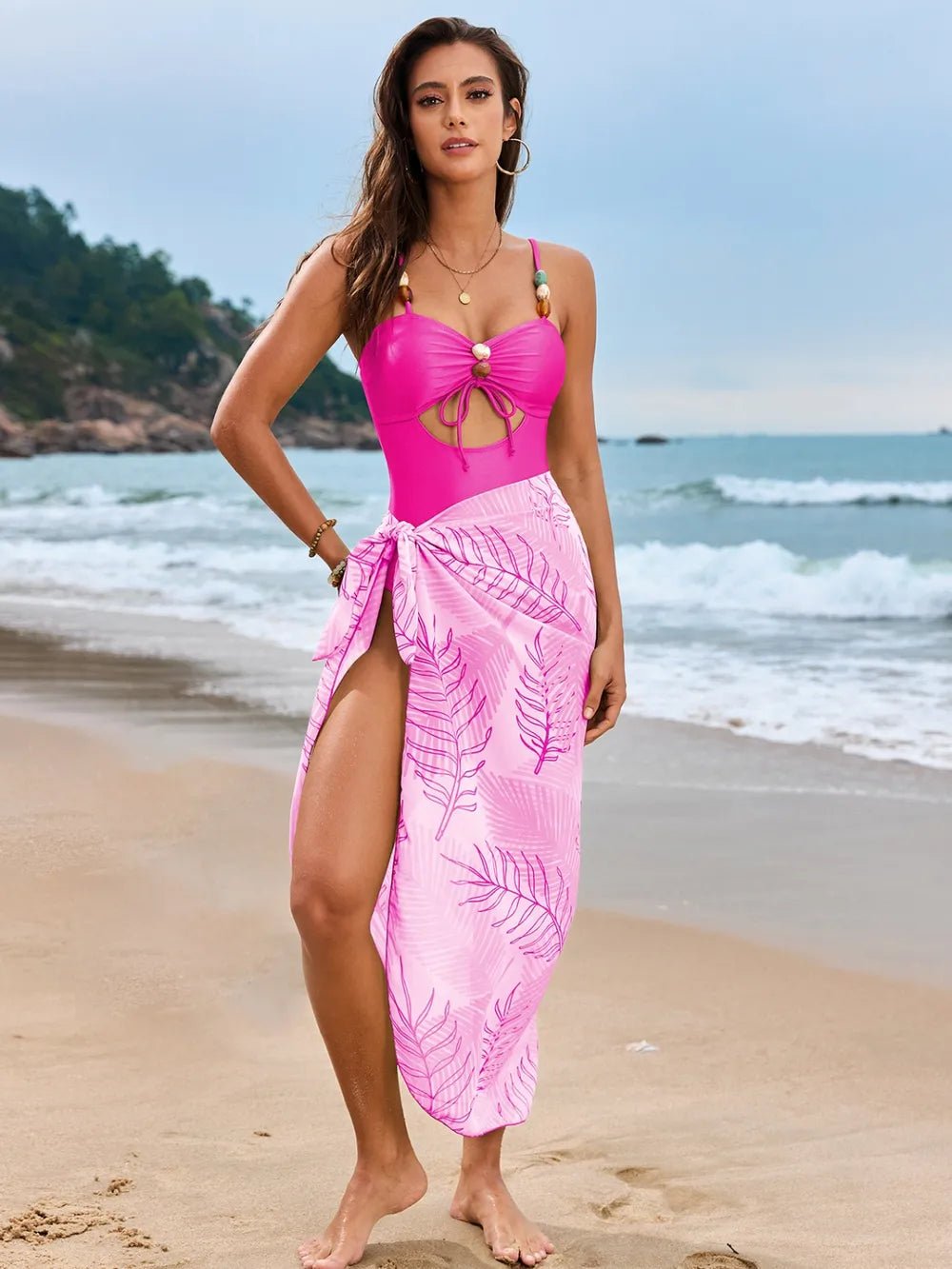 Cutout Sweetheart Neck One - Piece Swimwear and Cover - Up Swim Set - MAD RUFFI