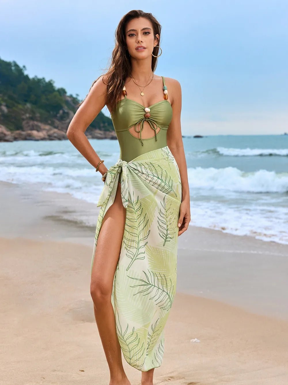 Cutout Sweetheart Neck One - Piece Swimwear and Cover - Up Swim Set - MAD RUFFI