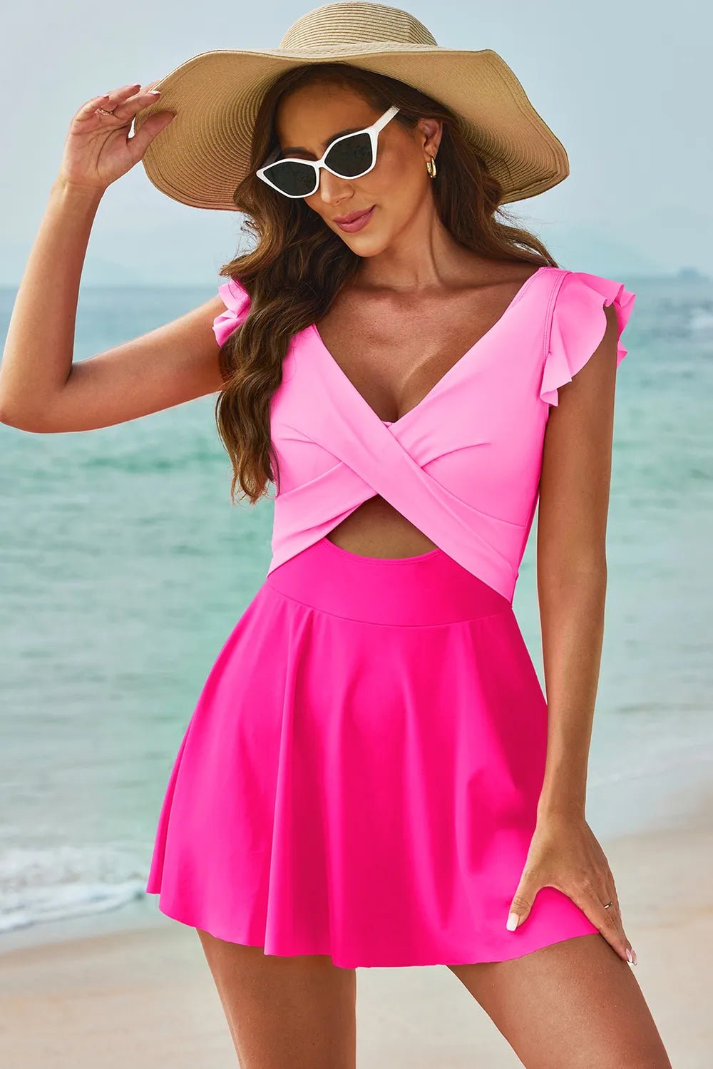 Cutout V - Neck Cap Sleeve One - Piece Swimwear - MAD RUFFI