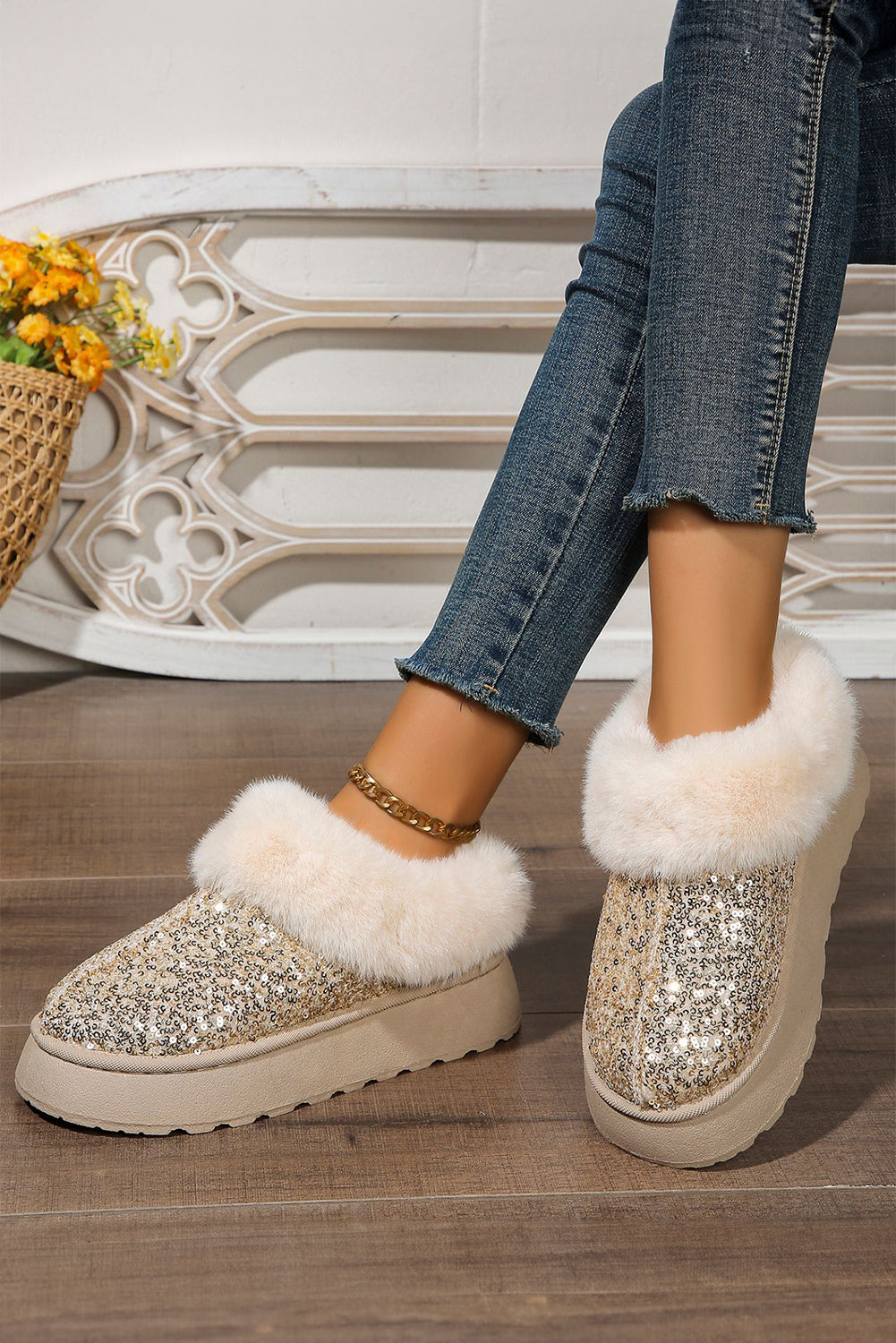 Paillettes dorées en peluche épais bottes de neige à semelle