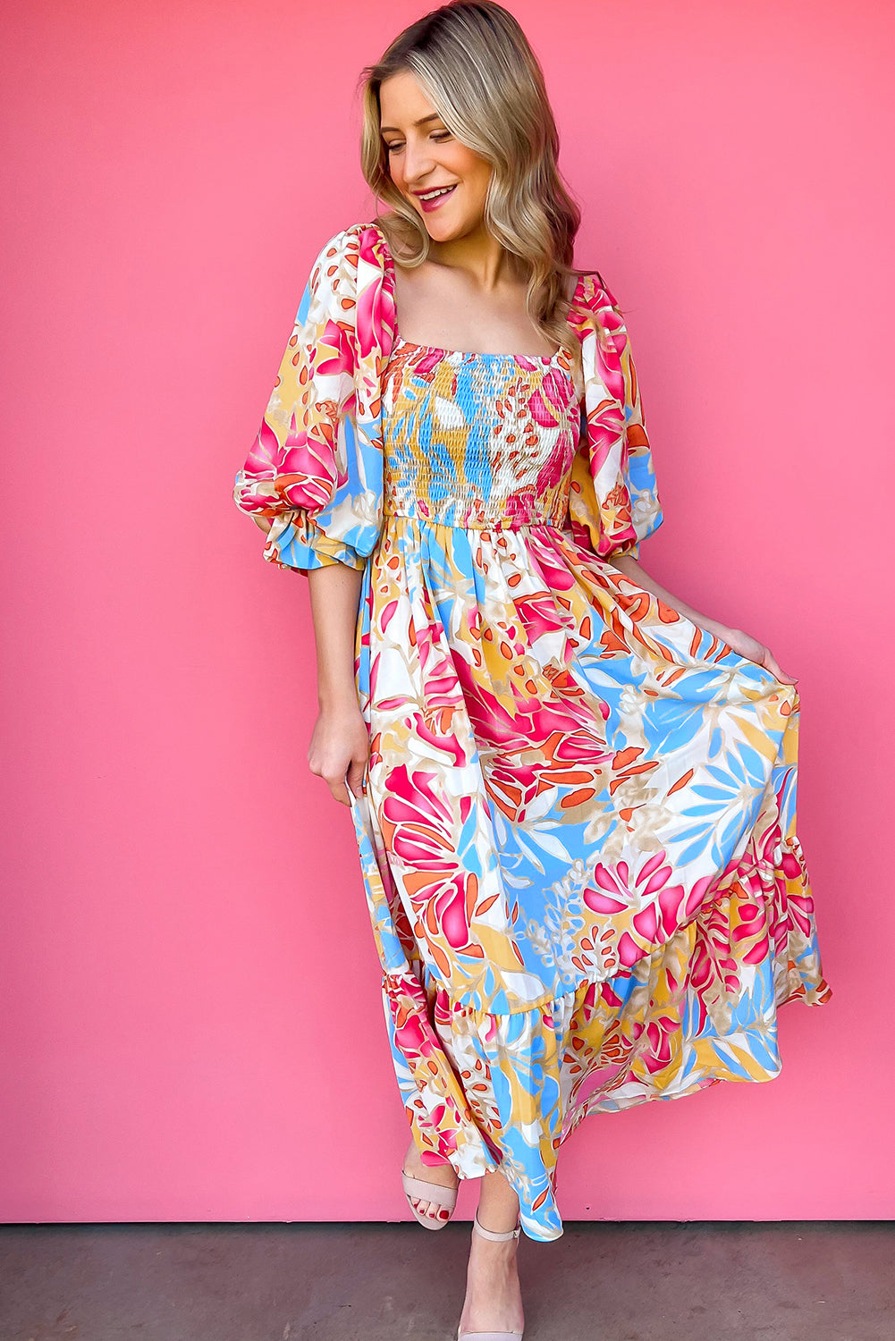 Tropical Floral Smocked Midi Dress with Puff Sleeves in Rose Red