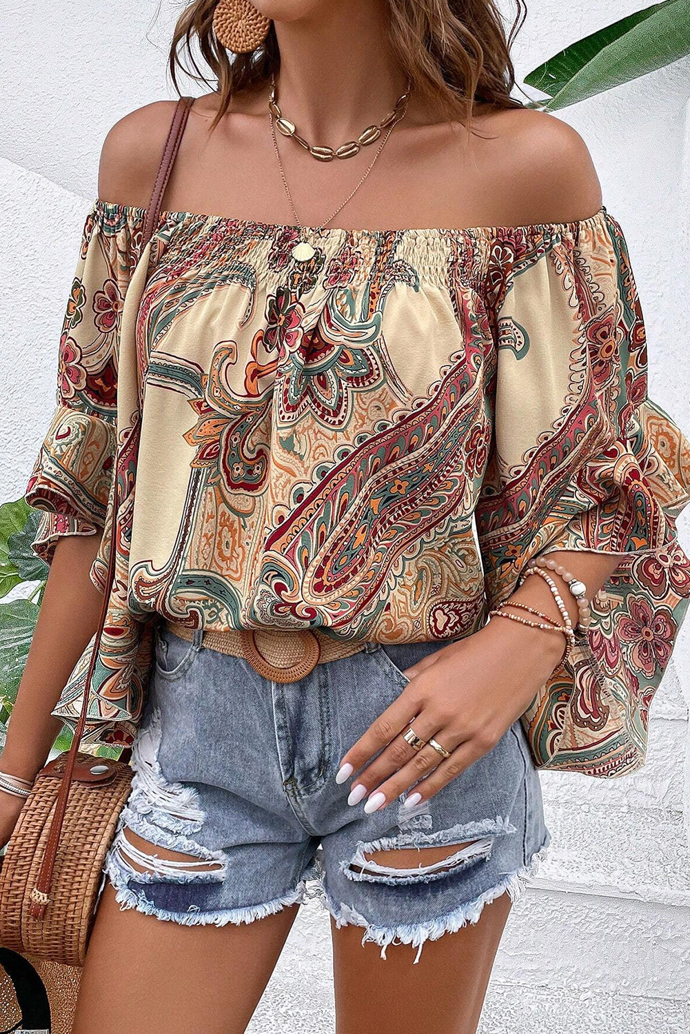 Elegant Apricot Paisley Off-Shoulder Ruffled Half Sleeve Blouse