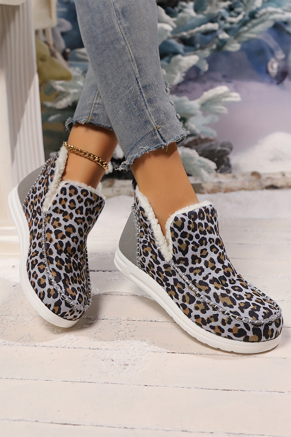 Botas de nieve de invierno forradas con estampado de leopardo gris oscuro