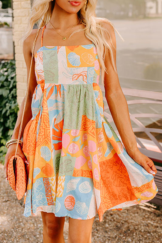 Backless Flowy Dress with Orange Shell Print and Patchwork Design