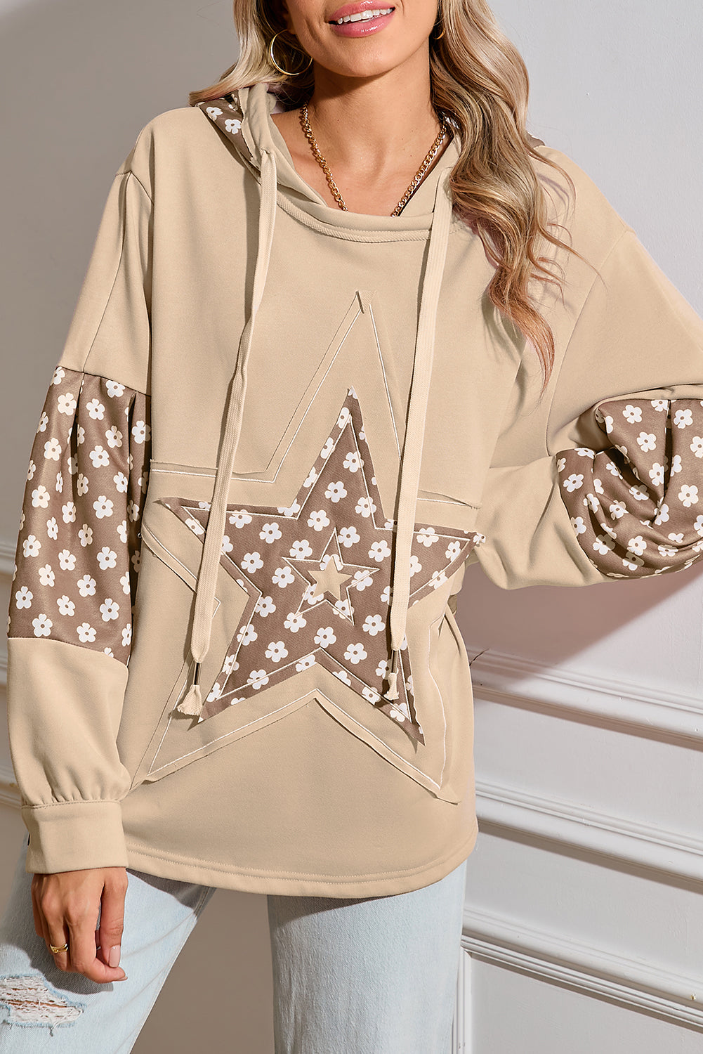 Delicacy Floral Patchwork Star Pattern Drawstring Hoodie