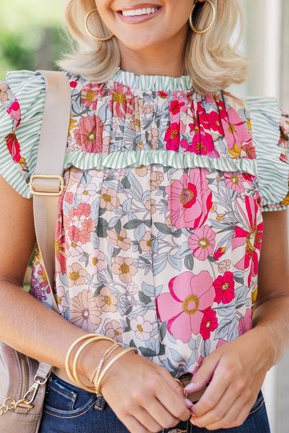 Blush Floral Ruffle Trim Pleated Bohemian Top