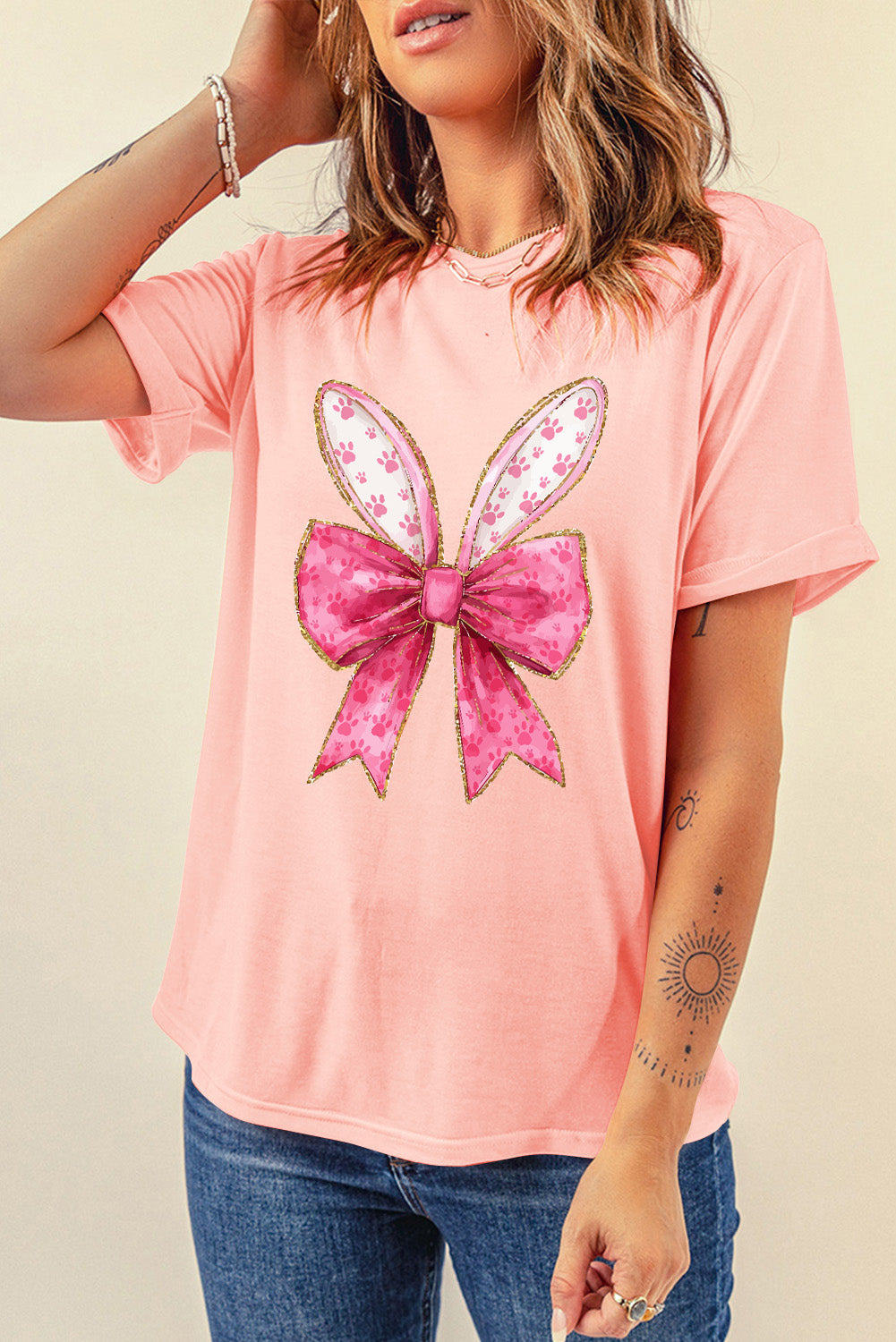 Pink Paw Printed Bow Bunny Easter Day Fashion T Shirt