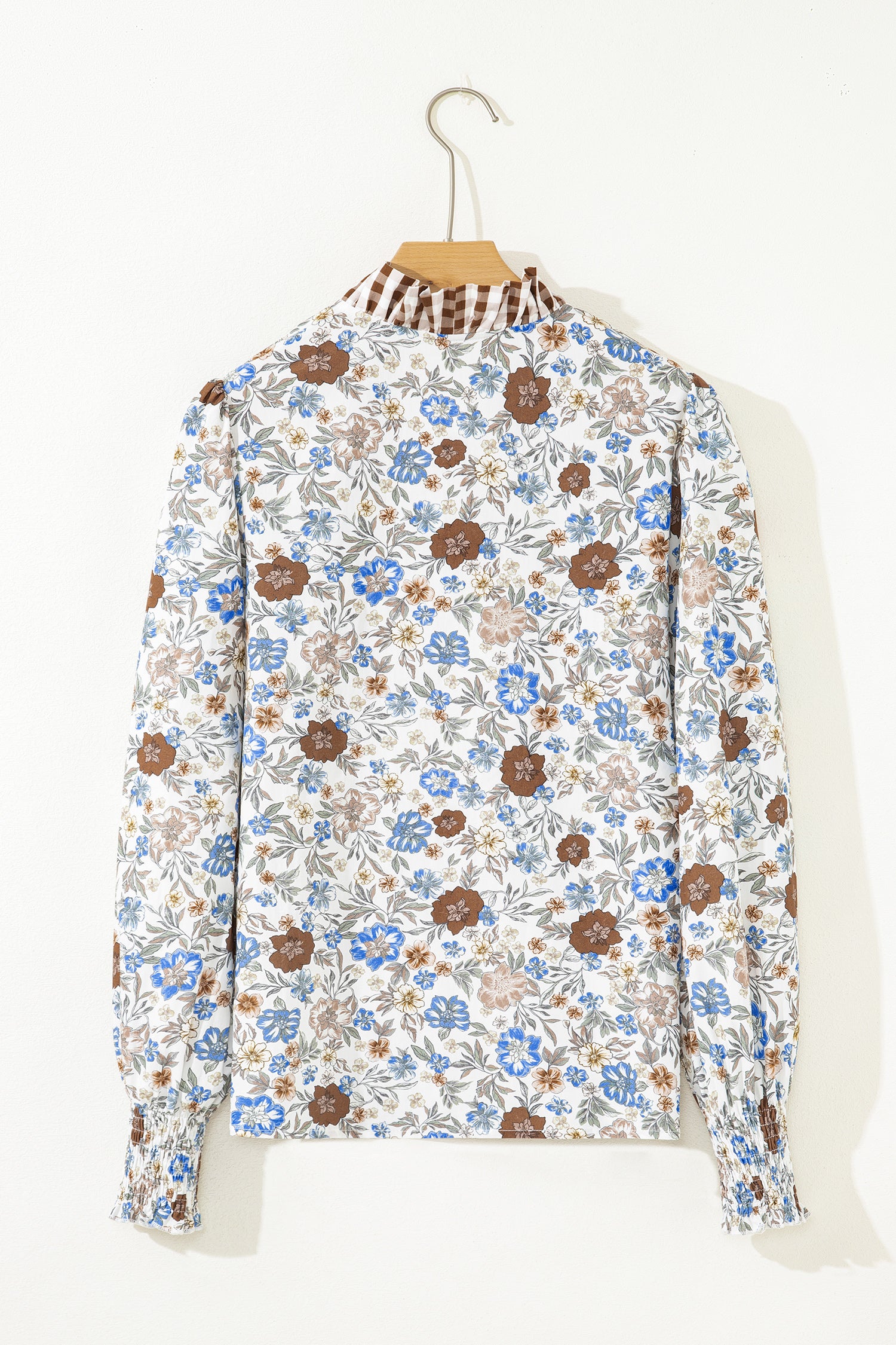 Brown Plaid Frilled Trim V Neck Floral Long Sleeve Blouse