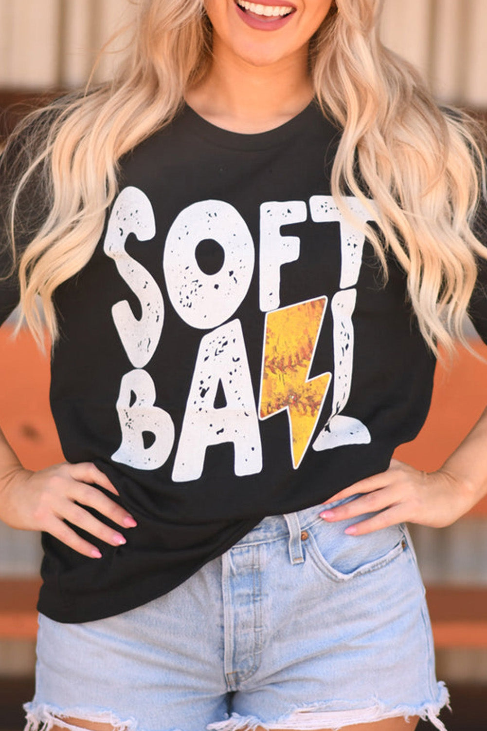 Black SOFT BALL Letter Lightning Graphic T Shirt