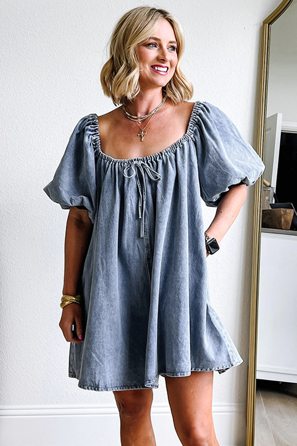 Chic Denim Babydoll Dress with Bubble Sleeves and Square Neck