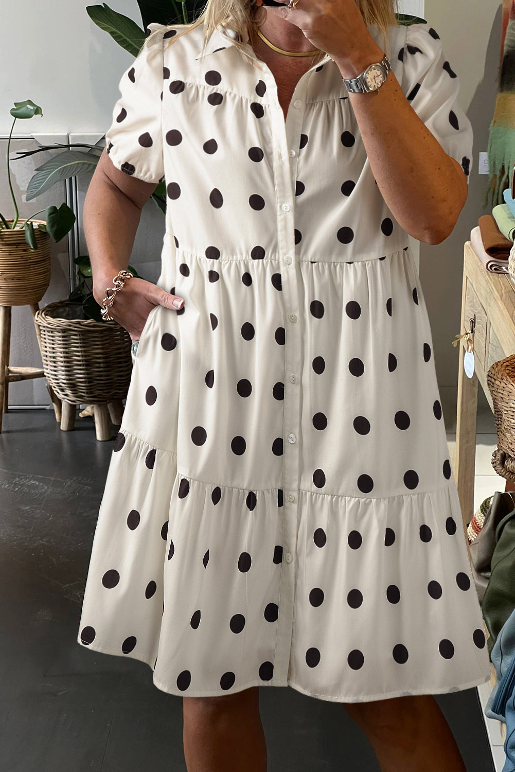 Charming White Polka Dot Tiered Babydoll Dress with Short Sleeves and Button Front